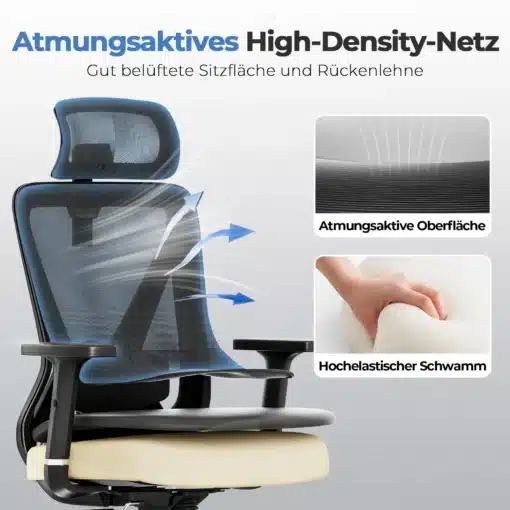 Kontoritool ergonoomiline 3D peatugi ja nimmetugi must | E-pood Tootemaailm Kontoritool ergonoomiline 3D peatugi ja nimmetugi must, hingavast võrgust istme- ja seljatoega. Must tool näidatud koos kergendusjoonistega, mis esitlevad ventilatsiooni omadusi ja elastset vahtmadratsit.