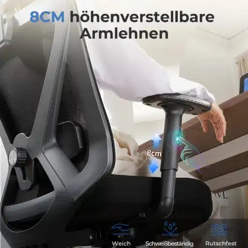Kontoritool ergonoomiline 3D peatugi ja nimmetugi must | E-pood Tootemaailm Kontoritool ergonoomiline 3D peatugi ja nimmetugi must, millel on reguleeritava kõrgusega käetoed töö laua taga. Toolil on must tugev raam ja võrgust seljatugi.