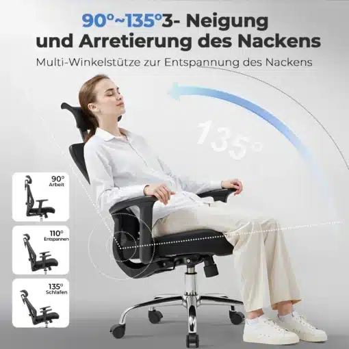 Kontoritool ergonoomiline 3D peatugi ja nimmetugi must | E-pood Tootemaailm Naine istub kontoritoolil ergonoomilise 3D peatoe ja nimmetoega, must tool kallutatav kandiliselt halli taustaga.