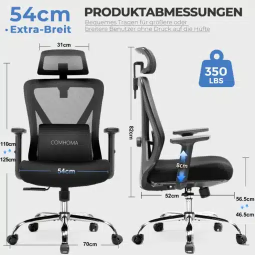 Kontoritool ergonoomiline 3D peatugi ja nimmetugi must | E-pood Tootemaailm Ergonoomiline must kontoritool 3D peatoe ja nimmetoega, millel on ratastel alus ning reguleeritavad käetoed. Tooli mõõtmed on esiletõstetud valgel taustal.