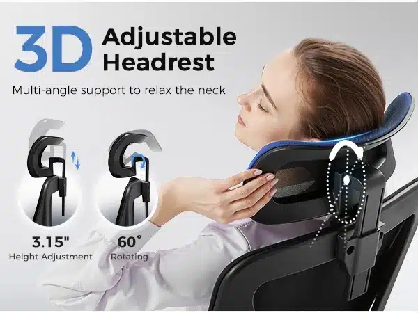 Kontoritool ergonoomiline must, 3D peatugi ja nimmetugi, kohandatav kõrgus ja kalle, seljatoe taga isik simuleerimas tooli mugavust, kerge ja vastupidav disain.