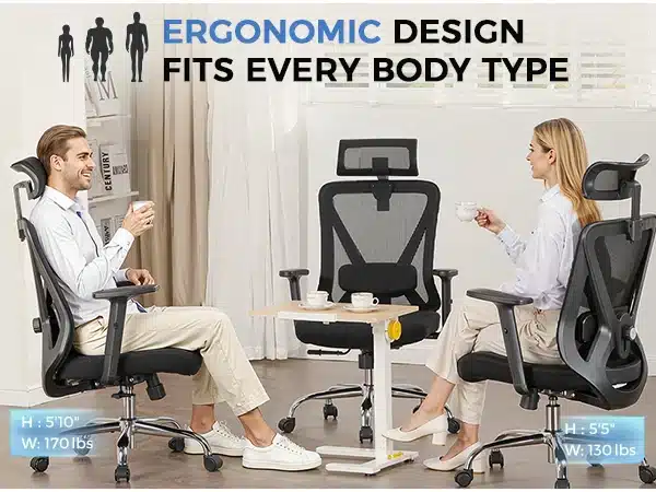 Mees ja naine istuvad vastamisi kontoritoolidel musta värvi, millel on ergonoomiline 3D peatugi ja nimmetugi, heledas kontori interjööris, kus on laud nende vahel.