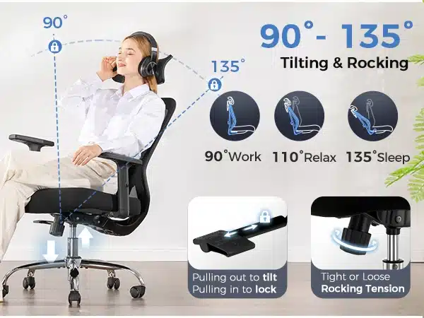 Naine istub mugavalt mustal kontoritoolil, millel on ergonoomiline 3D peatugi ja nimmetugi. Tooli kallutusnurk on reguleeritav ja pildil on näha töö, lõõgastuse ja une asendid. Taustal on hele sein ja roheline taim.