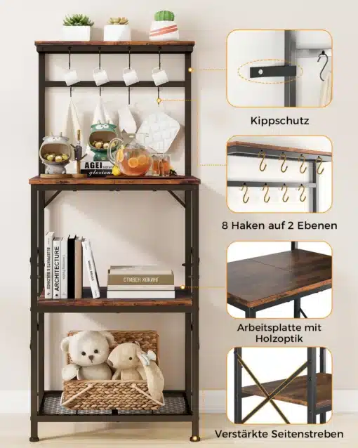 Köögiriiul mikrolaineahjule 4 tasapinda ja 8 konksu | E-pood Tootemaailm Köögiriiul mikrolaineahjule musta metallraamiga, puidu imitatsiooniga tasapinnad ja kaheksa konksu, mis hoiavad tassi ning dekoratiivseid tarvikuid. Riiulil on rohelised taimed ja karudekleepunud korv allosas. Seinaga kinnitatud ja põrandal seisva konstruktsiooniga.