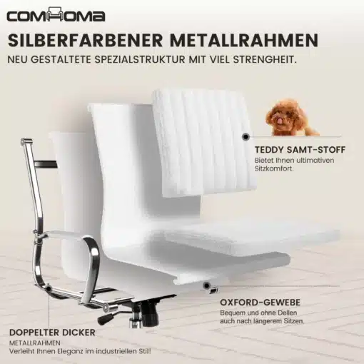 Mugav kontoritool ergonoomiline käetugedega pöörlev | E-pood Tootemaailm Mugav kontoritool ergonoomiline käetugedega pöörlev hõbedase metallraamiga ja pehme teddy-sametmaterjaliga. Toolil on tugev metallist raam ja mugav pehmendus, ideaalseks isteasendiks.