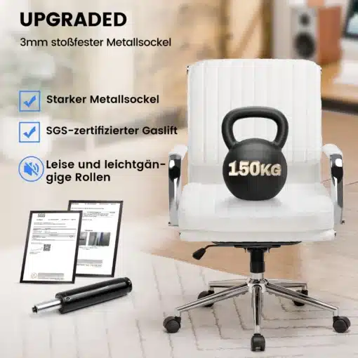 Mugav kontoritool ergonoomiline käetugedega pöörlev | E-pood Tootemaailm Mugav kontoritool ergonoomiline käetugedega pöörlev, valge polstriga ja tugeva metallist põhjal, millele on asetatud 150 kg kaal. SGS sertifikaadiga gaasitõste mehhanism ja vastupidavad rattad. Tool asub puhta puidust põrandaga toas.