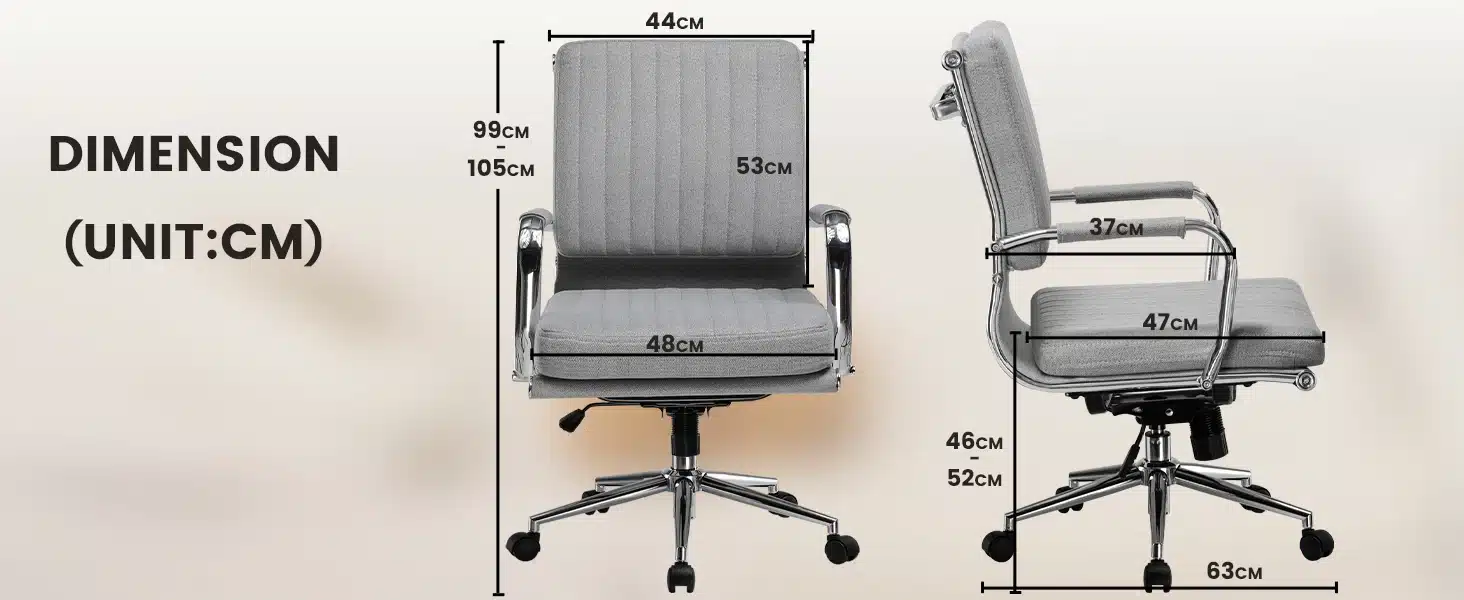 Hall ergonoomiline kontoritool mugavate käetugedega, pöörlev, metallraamiga, mõõtmetega 99-105cm kõrgus, 44cm laius, ja 63cm sügavus neutraalsel taustal.