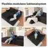 Moodne mooduldiivan sametist tumba jaotusega | E-pood Tootemaailm Moodne mooduldiivan sametist tumba jaotusega neljas erinevas asendis: lamamine, lugemine, mängimine ja lõõgastumine. Diivan on sügavmustas toonis, valmistatud pehmest sametist materjalist, asetatud helgele puidust põrandale.