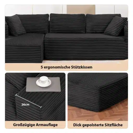 Moodne mooduldiivan sametist tumba jaotusega | E-pood Tootemaailm Moodne mooduldiivan sametist tumba jaotusega, mis on musta värvi ja valmistatud pehmest kaelusest materjalist. Diivanil on viis ergonoomilist tugipatja ja paksult polsterdatud istmepind. Taustaks on neutraalne sein ja puidust põrand.