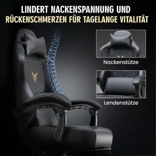 Musta värvi mänguritool jalatoe ja ergonoomiliste omadustega. Toolil on reguleeritav seljatugi ja pehme polsterdatud lapp. Taustal on selgroo graafika, rõhutades ergonoomilist disaini.
