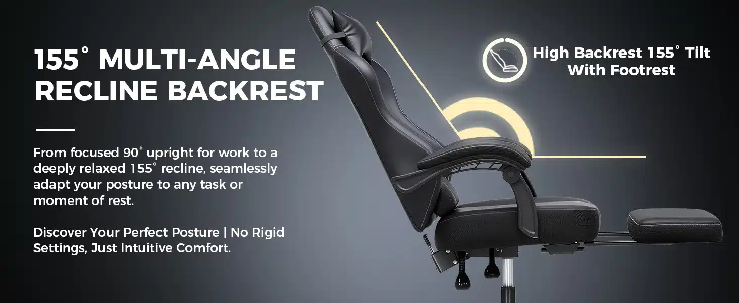 Ergonoomiline ja reguleeritav mänguritool musta nahkviimistlusega, millel on 155-kraadine kaldenurk ja jalatugi tumedal taustal.