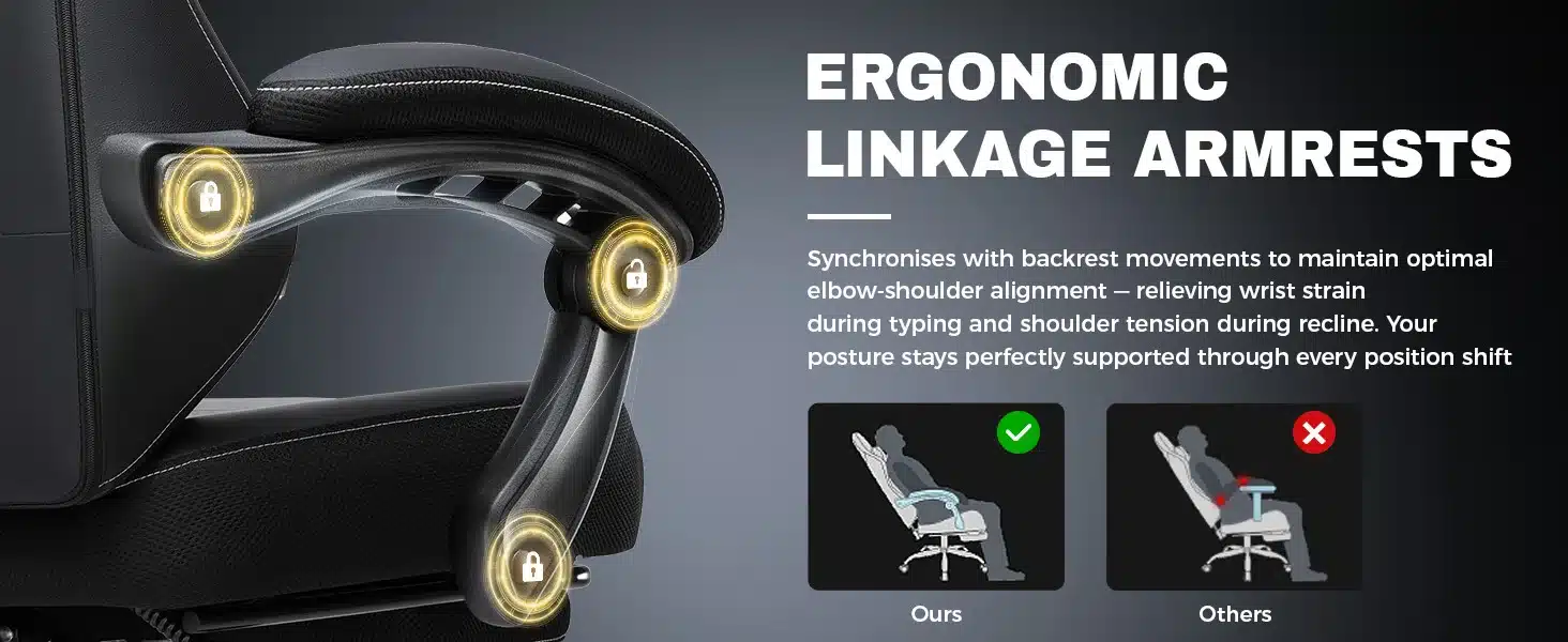 Mänguritool jalatoega, ergonoomiline ja reguleeritav, millel on mustad ja hõbedased ergonoomilised käetoed ning graafiline võrdlus erinevate toolide positsioonide kohta hallil taustal.