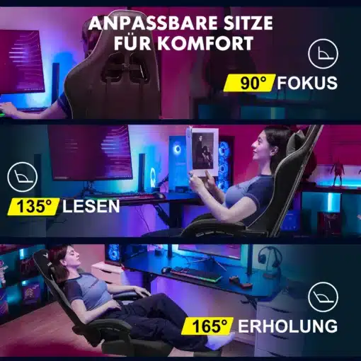Mänguritool jalatoega ergonoomiline seljatoe padjaga kolmes erinevas asendis kasutaja kõrval istutuna arvutilaua juures, taustal värviline valgus.