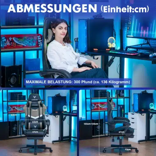 Ergonoomiline mänguritool jalatoega, millel on seljatoe padi. Tool on musta ja halli värvusega ning asub kaasaegses arvutimängude toas, mille taustaks on sinise valgusega riiul.
