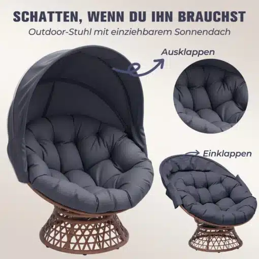 Papasan tool pöörleva alusega ja pehme padjaga rotang | E-pood Tootemaailm Papasan tool pöörleva alusega ja pehme padjaga rotang, hall, varikatusega, naturaalsest rotangist alus kreemikas taustal.