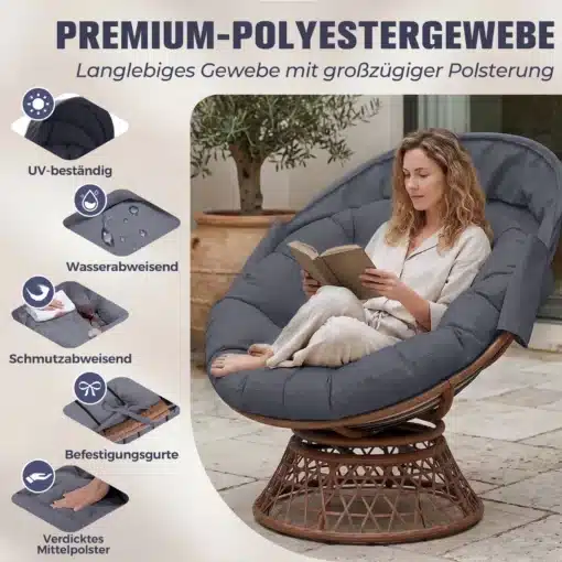 Papasan tool pöörleva alusega ja pehme padjaga rotang | E-pood Tootemaailm Naine istub väljas hallil Papasan toolil, millel on pöörlev alus ja pehme polsterdatud padi, naine loeb raamatut rahulikult. Tooli ümber on dekoratiivsete detailidega rotang, taustal puhkeala.