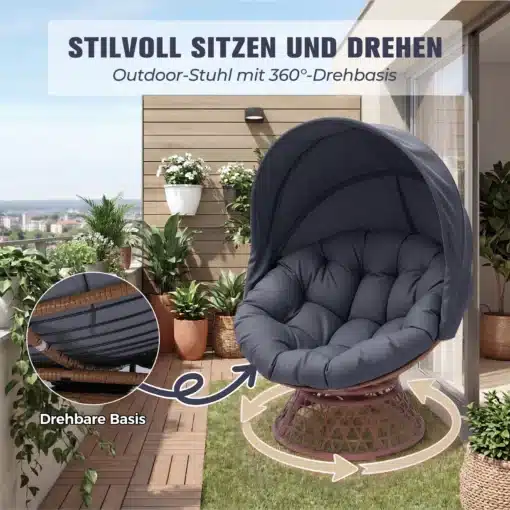 Papasan tool pöörleva alusega ja pehme padjaga rotang | E-pood Tootemaailm Papasan tool pöörleva alusega ja pehme padjaga rotang asub terrassil, ümbritsetud erinevate pottidega ja taimedega. Toolil on nurgeline kattevari ning pehme hall polster. Puitpõrand ja heledate seintega taust rõhutavad toote elegantsust.