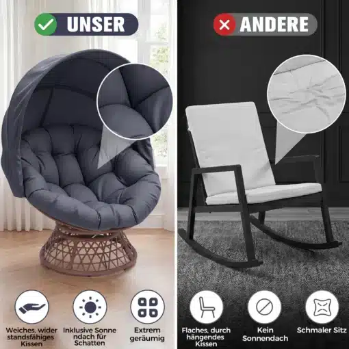 Papasan tool pöörleva alusega ja pehme padjaga rotang | E-pood Tootemaailm Papasan tool pöörleva alusega ja pehme padjaga rotang, elegantne tumehall, paremas servas klassikaline valge kiiktool. Taustal hele tuba, aknad ja kardinad, rõhutatud mugavus ja kaasaegne disain.