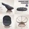 Papasan tool pöörleva alusega ja pehme padjaga rotang | E-pood Tootemaailm Papasan tool pöörleva alusega ja pehme halli padjaga, valmistatud tugeva rotangmaterjaliga. Tool on kujutatud erinevates vaadetes ja mõõtmetega valgel taustal.