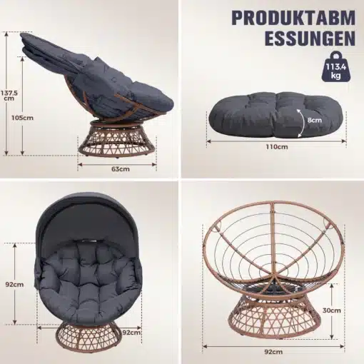 Papasan tool pöörleva alusega ja pehme padjaga rotang | E-pood Tootemaailm Papasan tool pöörleva alusega ja pehme halli padjaga, valmistatud tugeva rotangmaterjaliga. Tool on kujutatud erinevates vaadetes ja mõõtmetega valgel taustal.