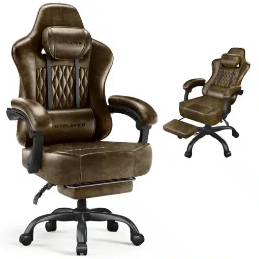 Ergonoomiline arvutitool, paks istmepadi kunstnahk | E-pood Tootemaailm Ergonoomiline arvutitool paksu kunstnahast istmepadja ja tumeda pruunika viimistlusega. Toolil on mustad käetoed ning pööratav alus, iste on tepitud mustriga ning seljatoel on esile tõstetud polsterdus, luues elegantse ja funktsionaalse ilme.