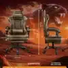 Ergonoomiline arvutitool, paks istmepadi kunstnahk | E-pood Tootemaailm Ergonoomiline arvutitool, paks istmepadi kunstnahk, millel on pruunid toonid. Toolil on reguleeritav kõrgus, mustad ratastega jalad ja toetav seljatugi. Taustal on suur lõvi peaga kunstiline disain leekides.