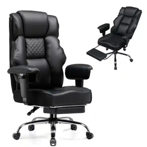 Arvutitool ergonoomiline reguleeritav | E-pood Tootemaailm Elegantne must ergonoomiline arvutitool, reguleeritavate käetugede ja seljatoega, mugav polster nahkimitatsiooniga. Toolil on esiletõstetud pehme peatoe ja jalatoe funktsioonid, asetatuna metallist ratastel alusele.