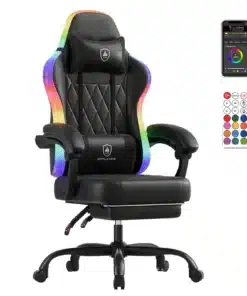 Mänguritool LED valgustusega ergonoomiline seljatoega, must nahksisu ja värviliste LED rihmadega. Tooli küljed on kaetud LED valgusega ning varustatud puldiga. Tugev alus ratastega kergesti liigutamiseks.
