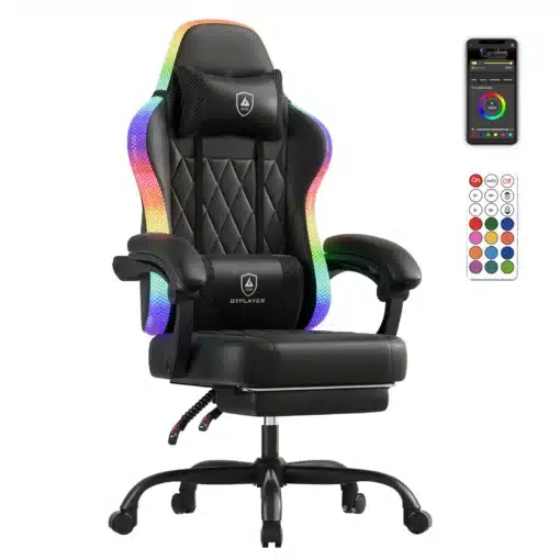 Mänguritool LED valgustusega ergonoomiline seljatoega | E-pood Tootemaailm Mänguritool LED valgustusega ergonoomiline seljatoega, must nahksisu ja värviliste LED rihmadega. Tooli küljed on kaetud LED valgusega ning varustatud puldiga. Tugev alus ratastega kergesti liigutamiseks.