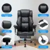Arvutitool ergonoomiline reguleeritav | E-pood Tootemaailm Must arvutitool, millel on ergonoomiliselt kujundatud seljatugi, reguleeritav kõrgus ja pehmed käetoed ning rataste ja jalatoega metallist alus. Taustal heledad seinad ja puitpõrand.