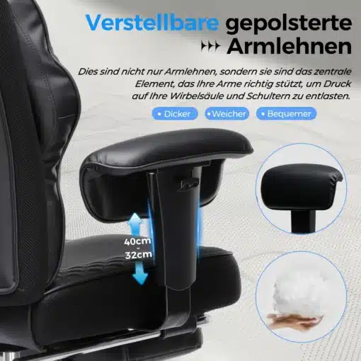 Arvutitool ergonoomiline reguleeritav | E-pood Tootemaailm Mustad reguleeritavad pehmendatud käetoed Arvutitool ergonoomiline reguleeritav, taustaks hele muster. Käetugede kõrgus on näidatud 40 cm ja 32 cm vahel, rõhutades mugavust ja ergonoomilisust.