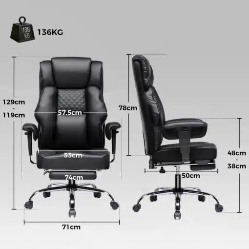 Arvutitool ergonoomiline reguleeritav | E-pood Tootemaailm Arvutitool ergonoomiline reguleeritav musta värvi nahast materjaliga. Esikülg ja külgvaade, millel on näha tooli mõõdud: laius 74 cm, kõrgus reguleeritav 119-129 cm. Läikiv metallist alus ja pehme polsterdus tugeva seljatoega ning reguleeritavad käetoed.