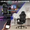 Mänguritool LED valgustusega ergonoomiline seljatoega | E-pood Tootemaailm Mänguritool LED valgustusega ergonoomiline seljatoega, musta nahkpolstriga ja värviliste LED tuledena, asub kaasaegse mänguarvuti ja kirjatarbekappide taustal. Telefoniekraanil juhitakse tooli valgustusfunktsioone.