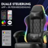 Mänguritool LED valgustusega ergonoomiline seljatoega | E-pood Tootemaailm Mänguritool LED valgustusega, musta ja mitmevärvilise disainiga, ergonoomilise seljatoega ning padjaga peatoe ja nimmetoega, pimedal taustal.