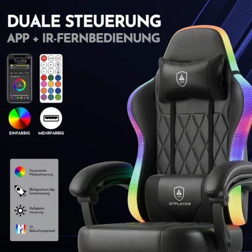Mänguritool LED valgustusega ergonoomiline seljatoega | E-pood Tootemaailm Mänguritool LED valgustusega, musta ja mitmevärvilise disainiga, ergonoomilise seljatoega ning padjaga peatoe ja nimmetoega, pimedal taustal.