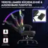 Mänguritool LED valgustusega ergonoomiline seljatoega | E-pood Tootemaailm Mänguritool LED valgustusega, millel on ergonoomiline seljatugi ja reguleeritav jalatugi. Tooli mustal polsterdusel on RGB LED tuled ja see seisab ratastega alusel mustal taustal.