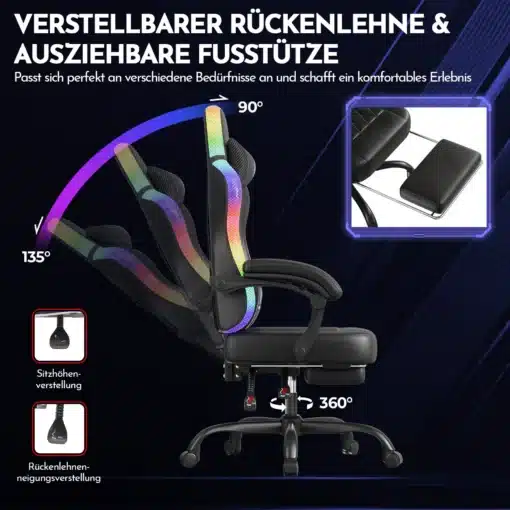 Mänguritool LED valgustusega ergonoomiline seljatoega | E-pood Tootemaailm Mänguritool LED valgustusega, millel on ergonoomiline seljatugi ja reguleeritav jalatugi. Tooli mustal polsterdusel on RGB LED tuled ja see seisab ratastega alusel mustal taustal.