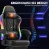 Mänguritool LED valgustusega ergonoomiline seljatoega | E-pood Tootemaailm Ergonoomilise seljatoega mänguritool, mis on varustatud LED valgustusega. Musta värvi toolil on pehme peatuge ja käetoed, millel on mitmevärviline LED riba. Taustal on nähtav selgroo illustratsioon, mis toob esile tooli tugifunktsioonid.