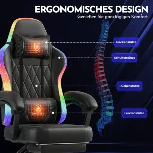 Mänguritool LED valgustusega ergonoomiline seljatoega | E-pood Tootemaailm Ergonoomilise seljatoega mänguritool, mis on varustatud LED valgustusega. Musta värvi toolil on pehme peatuge ja käetoed, millel on mitmevärviline LED riba. Taustal on nähtav selgroo illustratsioon, mis toob esile tooli tugifunktsioonid.