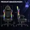 Mänguritool LED valgustusega ergonoomiline seljatoega | E-pood Tootemaailm Mänguritool LED valgustusega, musta nahast polsterdusega ja ergonoomilise seljatoega, millel on mitmevärvilised valgusribad ja reguleeritavad osad, sinisel taustal mõõtudega märgistatud.