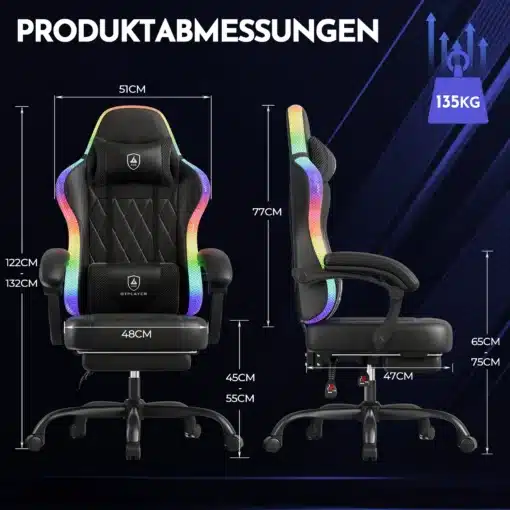 Mänguritool LED valgustusega ergonoomiline seljatoega | E-pood Tootemaailm Mänguritool LED valgustusega, musta nahast polsterdusega ja ergonoomilise seljatoega, millel on mitmevärvilised valgusribad ja reguleeritavad osad, sinisel taustal mõõtudega märgistatud.