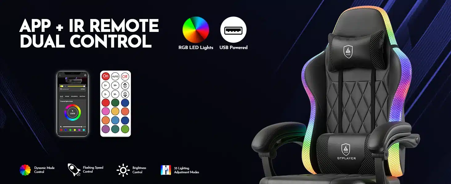 Mänguritool LED valgustusega ergonoomiline seljatoega, musta värvi, pehme polstriga, kaunistatud värviliste LED tuledega, asub tumedal taustal. Pildil on ka mobiiliäpp ja kaugjuhtimispult, mis juhivad tooli valgustust.