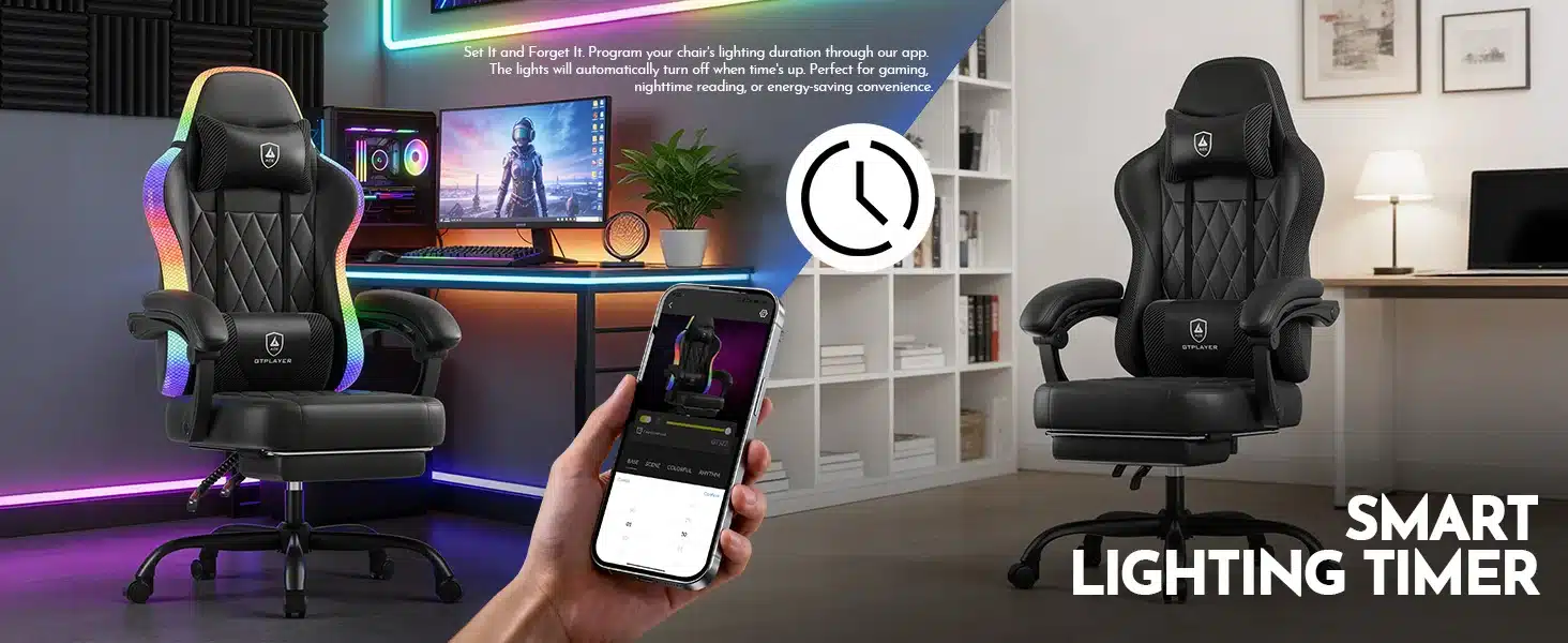 Ergonoomiline mänguritool musta nahkpolstriga, millel on LED valgustusega servad. Tool asub kaasaegses kodukontoris koos viimistletud arvutiruumiga. Taustal on digitaalset kella meenutav ikoon, rõhutades nutikat valgustuse taimerit.