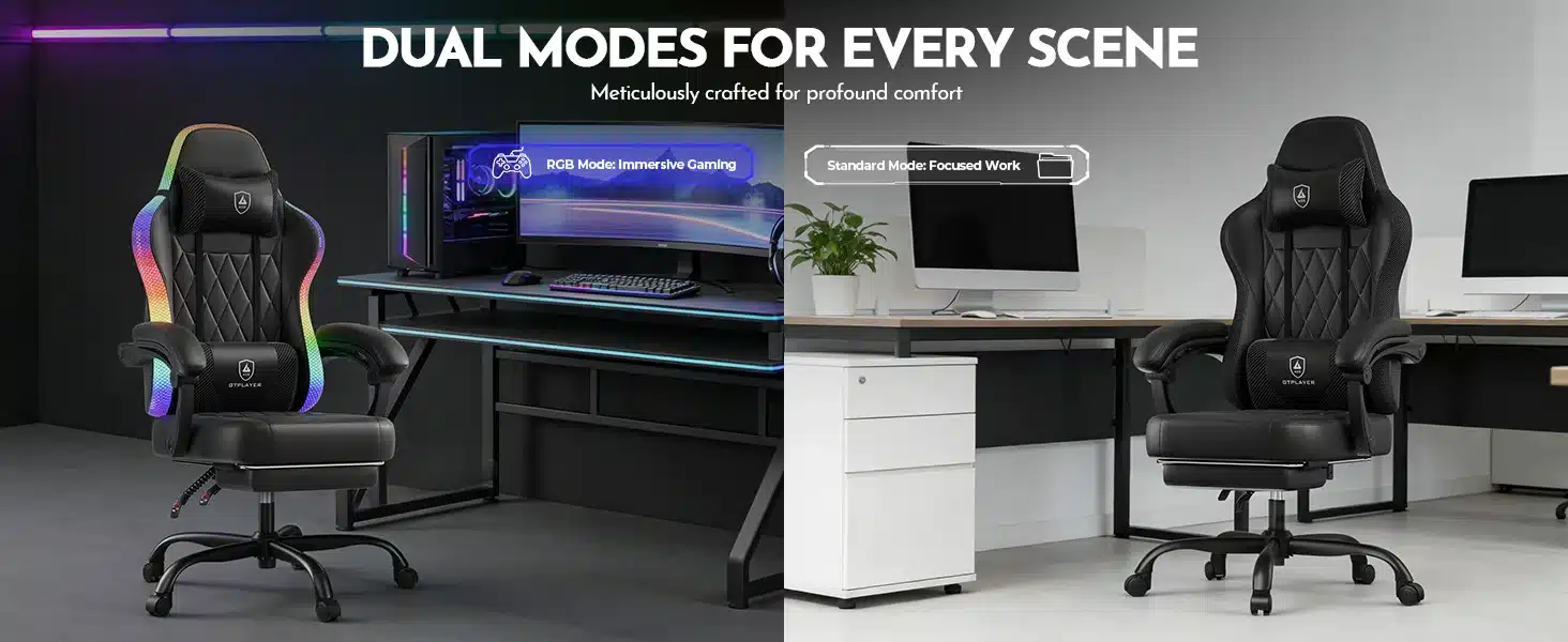 Kaasaegne musta värvi mänguritool LED valgustusega ja ergonoomilise seljatoega asetseb kahe erineva stiiliga arvuti töölaudade juures, tume interjöör taustal.