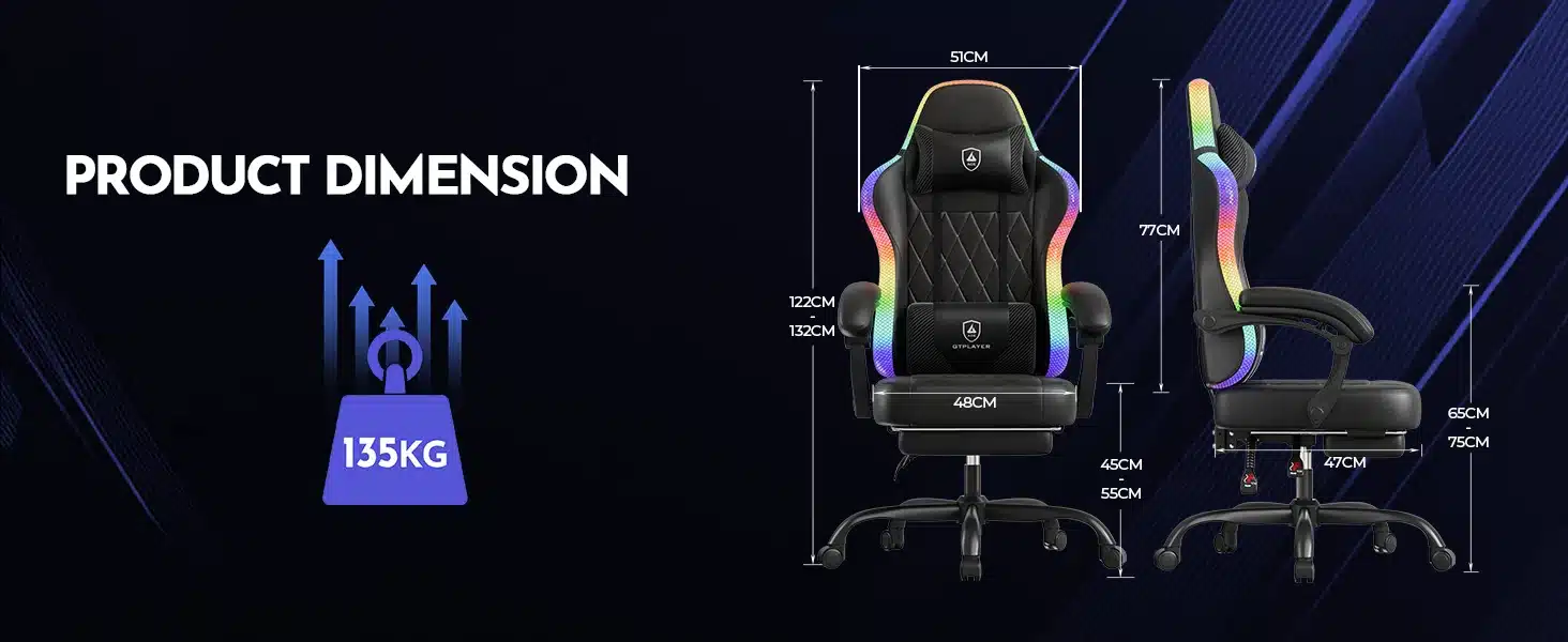Mänguritool LED valgustusega ergonoomiline seljatoega, musta värvi pehme istumisaluse ja värvilise LED riba raamiga. Tooli mõõdud on 132cm kõrgune ja 51cm lai, kandevõime 135kg. Tume taust rõhutab tooli modernset disaini.