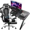 Arvutilaud ja tool komplektina, ergonoomilise disainiga | E-pood Tootemaailm Arvutilaud ja tool komplektina, ergonoomilise disainiga must-valge tool, metallist jalad ja must lauaplaat valgustatud ekraani ja mängutarvikutega moodustavad stiilse ja funktsionaalse töökeskkonna.