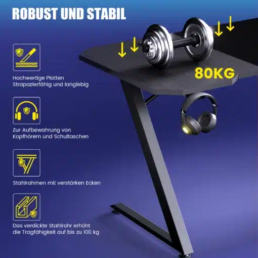 Arvutilaud ja tool komplektina, ergonoomilise disainiga | E-pood Tootemaailm Must arvutilaud ja tool komplektina, ergonoomilise disainiga, kandevõimega 80kg, kõrge kvaliteediga terasraam ja sisseehitatud kõrvaklappide hoidik, sinisel taustal.