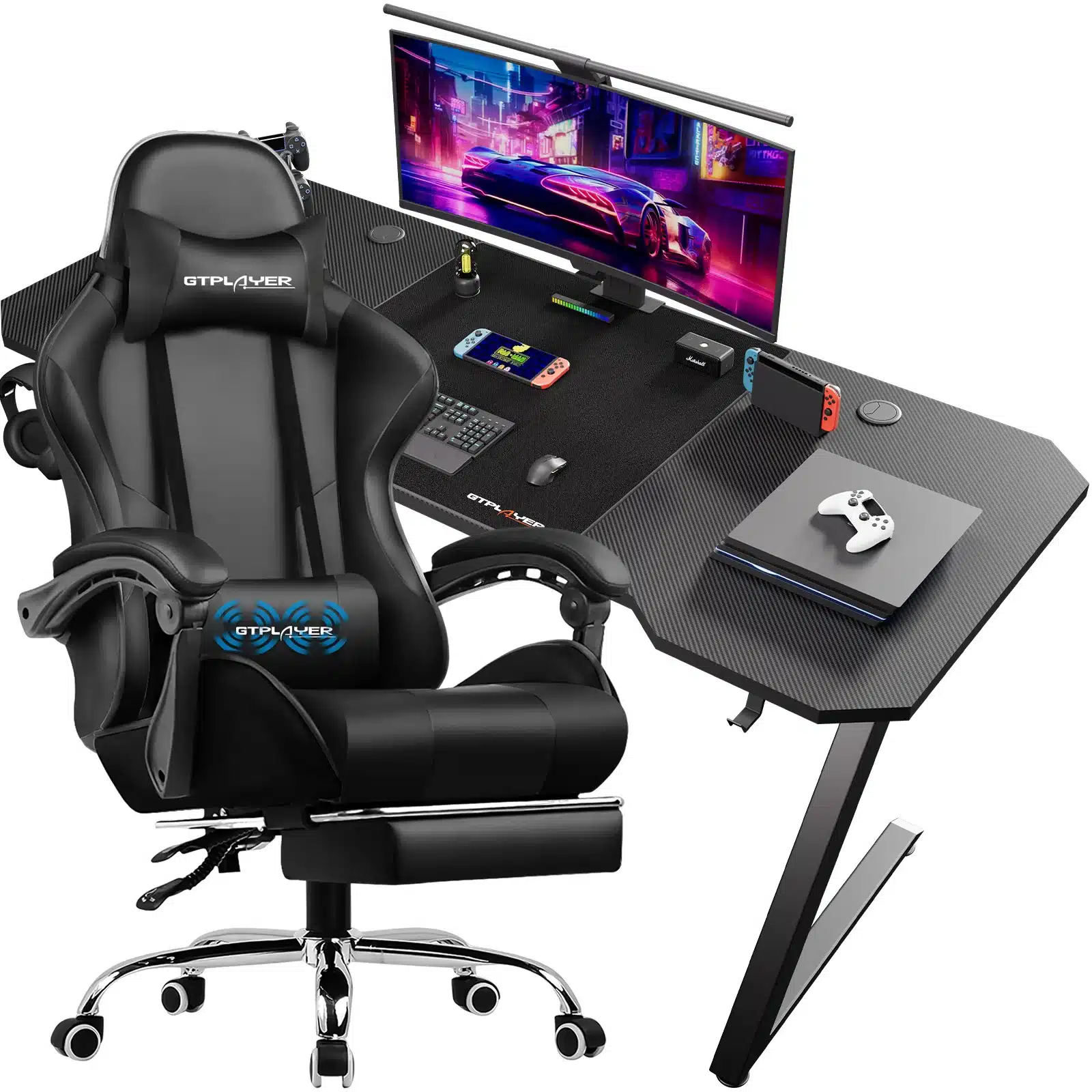 Must arvutilaud ja tool komplektina, ergonoomilise disainiga, millel on sülearvuti, mängukonsooli juhtpult ja monitor. Toolil on pehme polster ja reguleeritavad käetuged. Taustal on minimalistlik interjöör.
