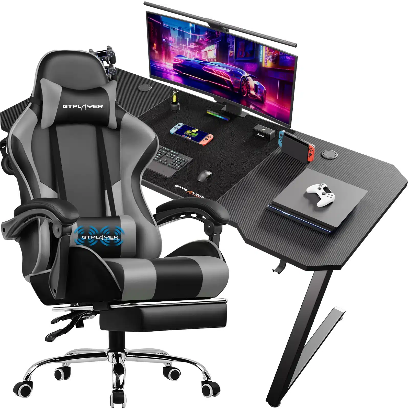 Must ja hall arvutilaud ja ergonoomiline tool komplektina, kus laual on mängukonsool, klaviatuur ja suur monitor. Taust on minimalistlik ja disain kaasaegne.
