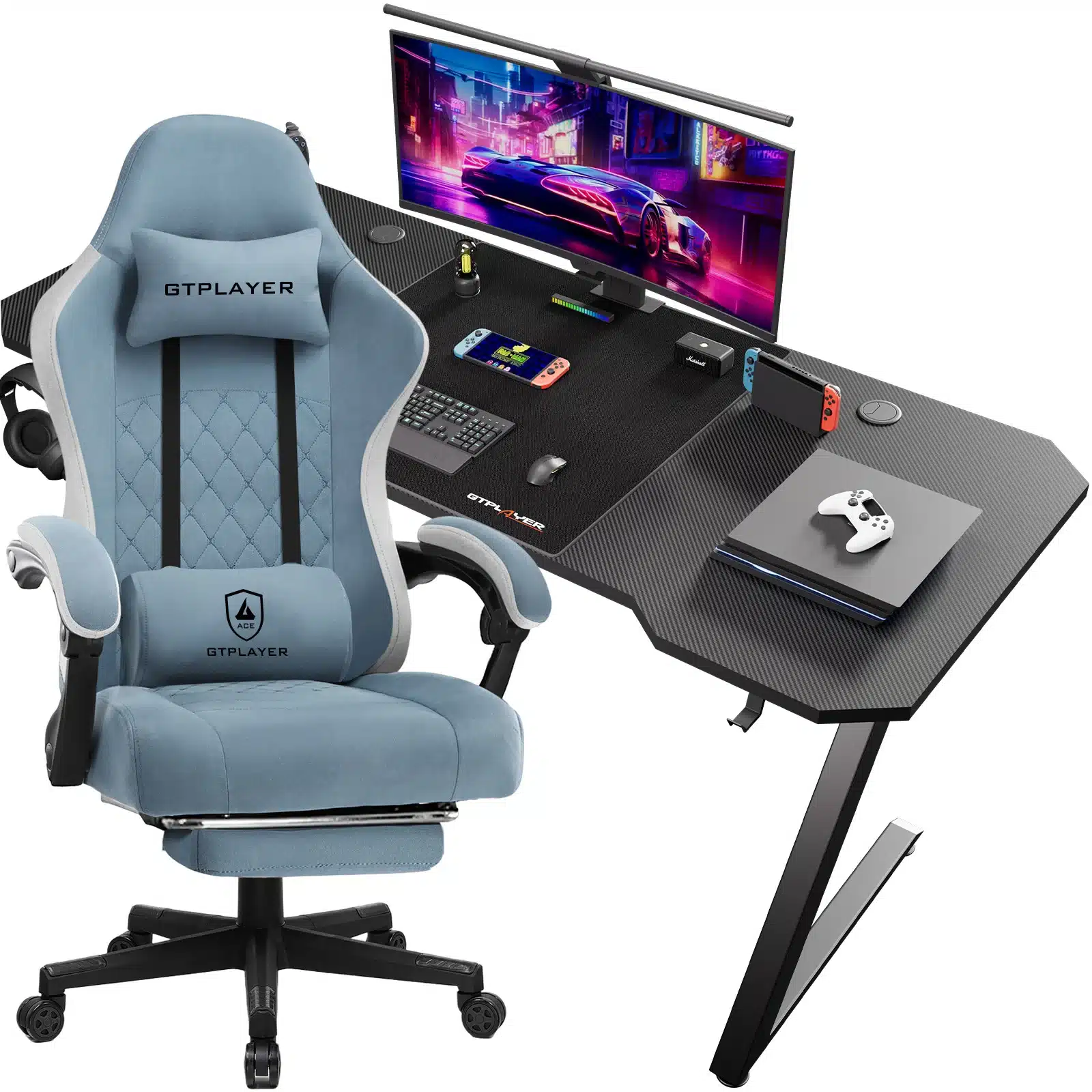 Ergonomilise disainiga hall arvutilaud ja mugav sinine tool komplektina. Läikiv must laud, millel on mängukonsooli ja arvutitarvikud, täiendab stiilset töökeskkonda. Taustal on elavalt värviline ekraan ja kaasaegne mängukeskkond.